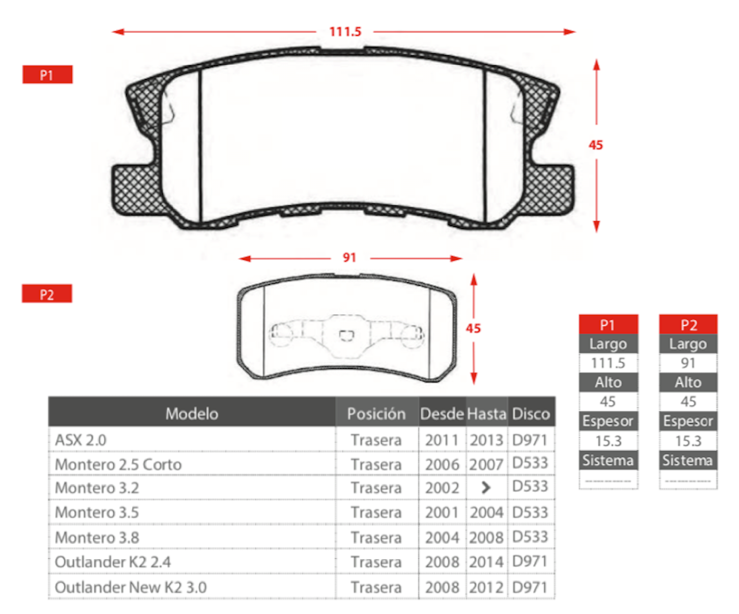 Pastillas Freno Traseras GTX Gold Ceramic para Mitsubishi Asx Montero y Outlander