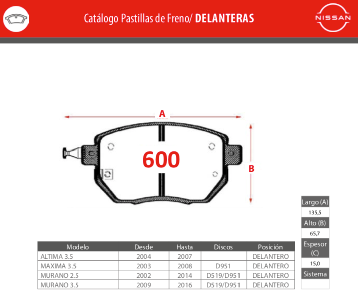 Pastillas Freno Delanteras GTX Gold Ceramic Nissan Murano Altima Maxima