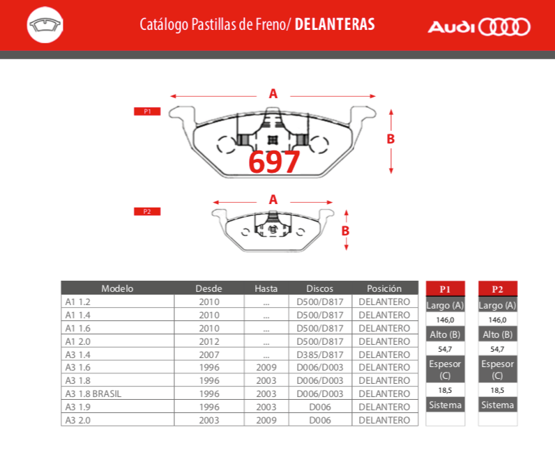Pastillas de freno delanteras Brembo para Audi A1 A3 sin sensor