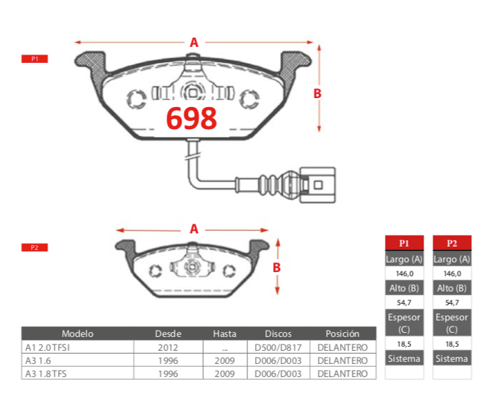 Pastillas de freno delanteras Brembo para Audi A1 A3 con sensor