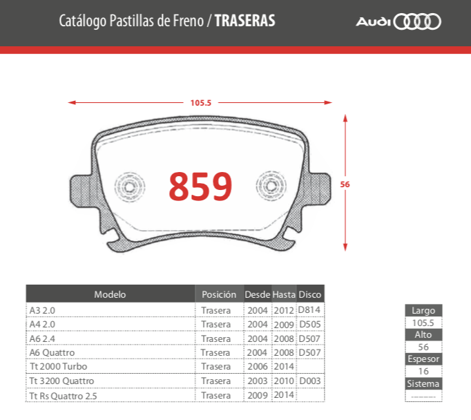 Pastillas de freno traseras Brembo para Audi A3 A4 A6 TT