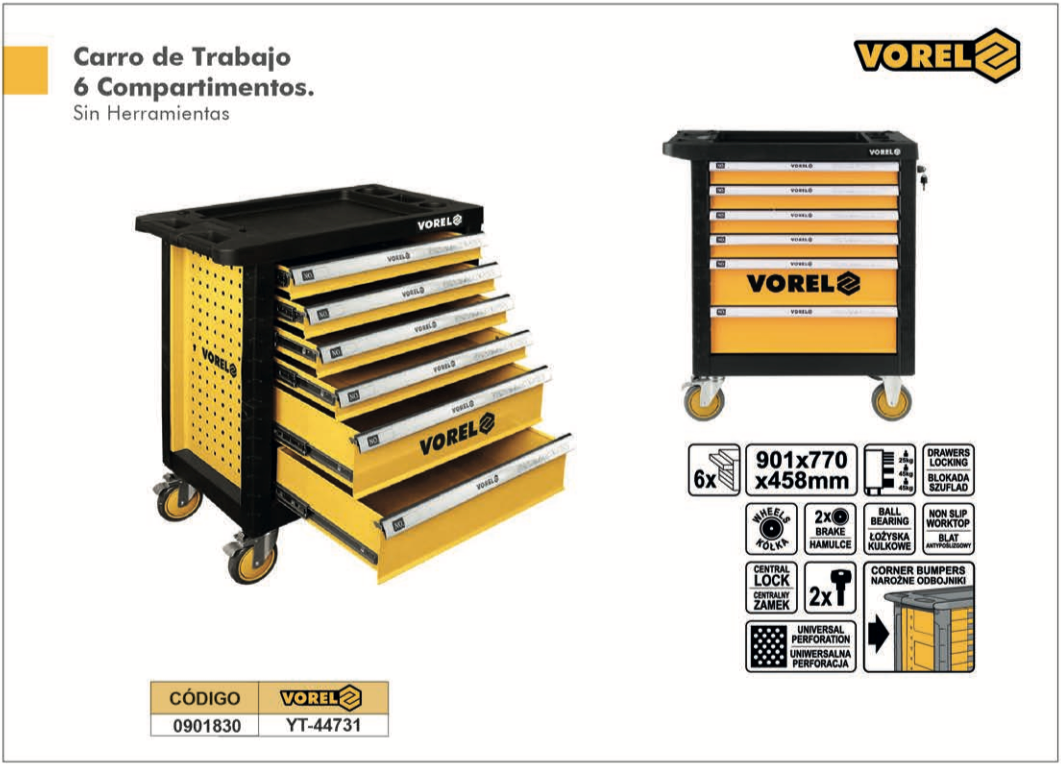 COMPLETO CARRO DE TRABAJO MOVIL 6 GABINETES VOREL CON HERRAMIENTAS 177 PCS 58540